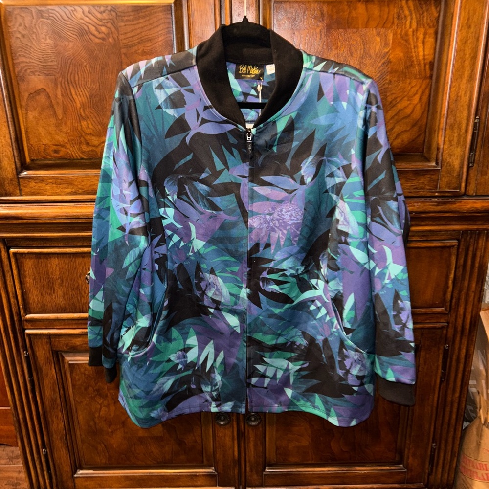 Bob Mackie Blue and Green Leaf Jacket Size 1X